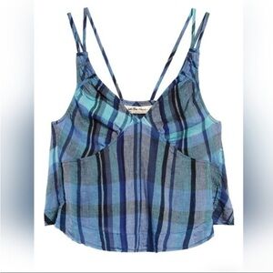 NWT Free People We The Free Plaid Cotton Crop Top in Navy Combo, size L